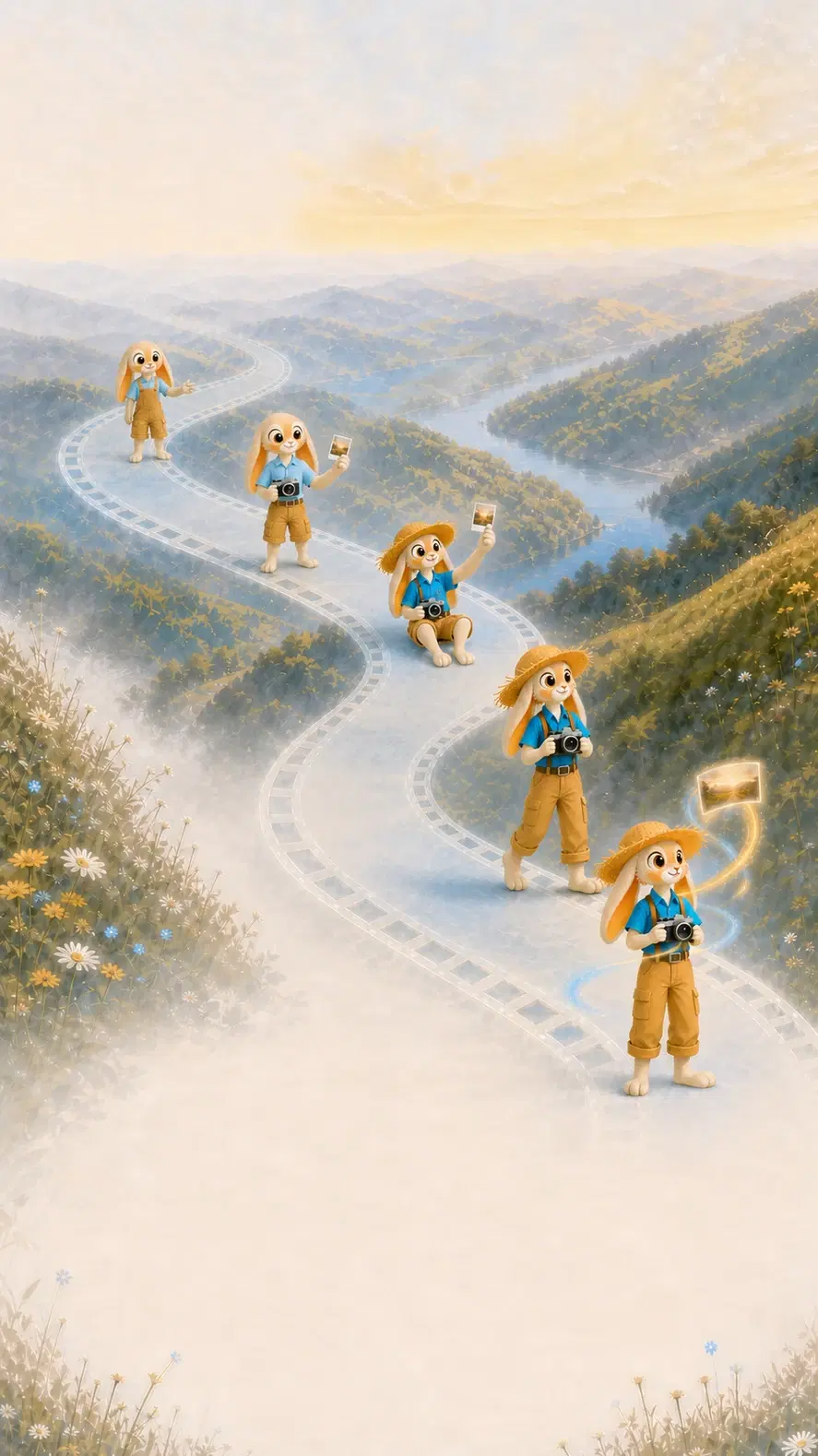 Five stages of Momo growing from a curious first step into a confident traveler along a film path