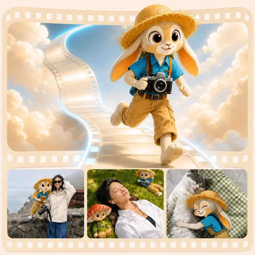 Momo running along a film path surrounded by shared memories