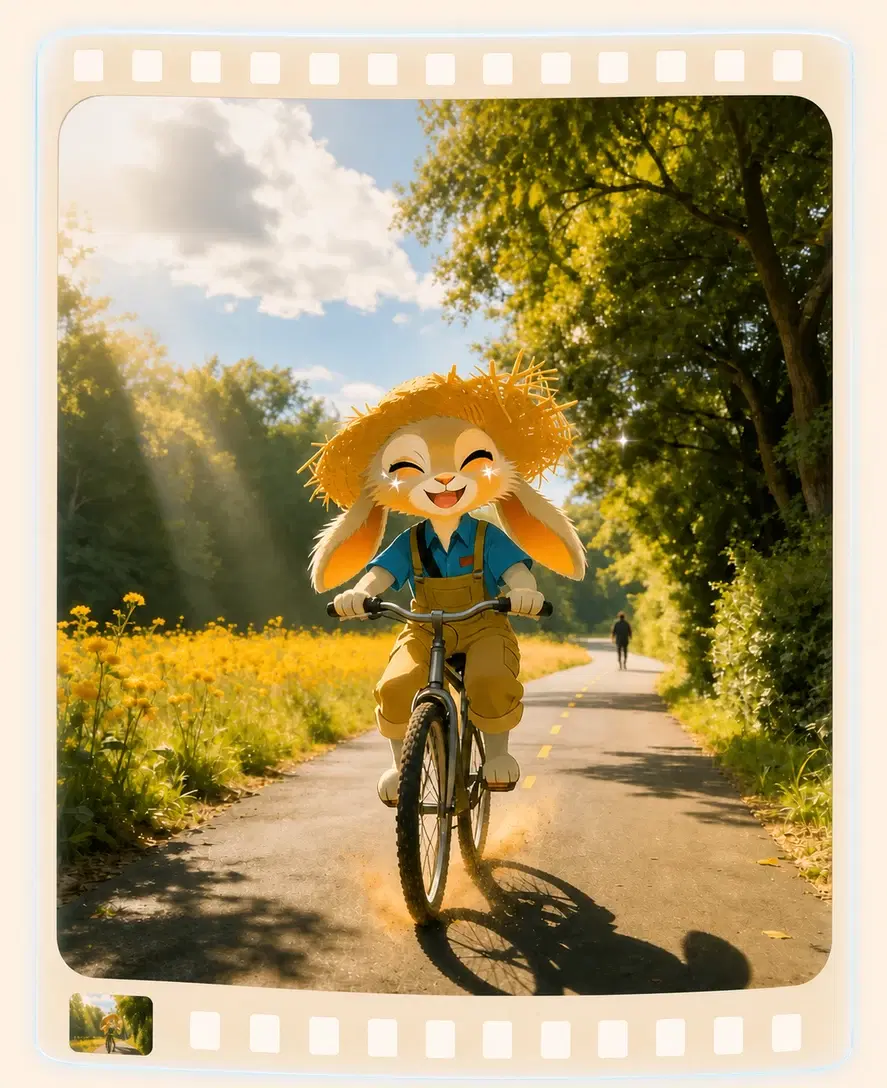 Momo riding a bicycle down the same sunlit path, framed as a memory on film
